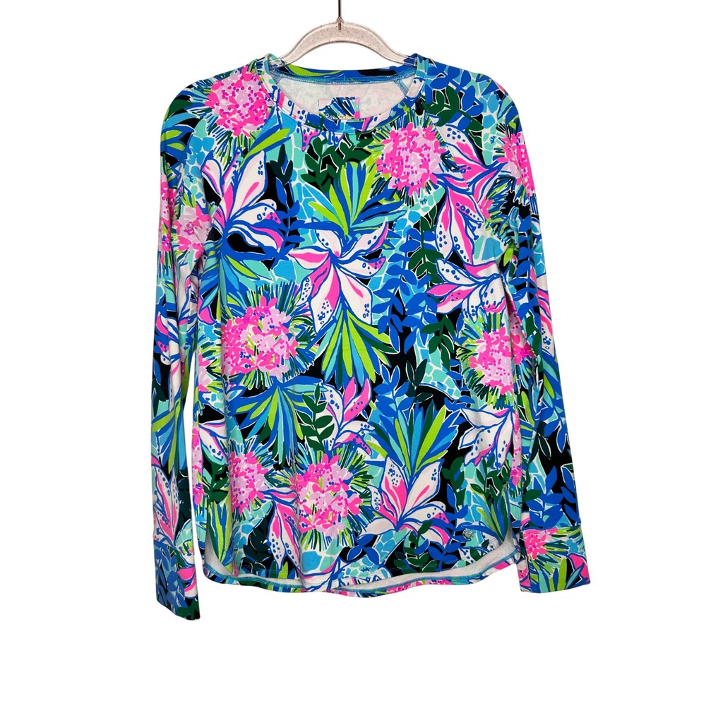 Lilly Pulitzer Luxletic Blythe Floral Long Sleeve Top Size S Blue Pink Pullover